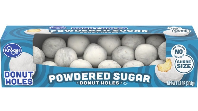 A box of Kroger Powdered Sugar Donut Holes on a white background.