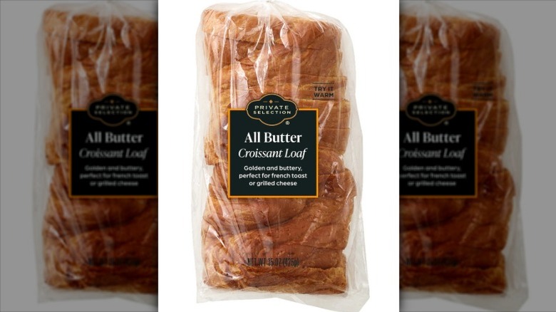 Private Selection All Butter Croissant Loaf in a clear plastic wrapper on a white background.