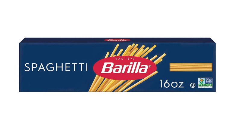 16-ounce box of Barilla spaghetti on white background