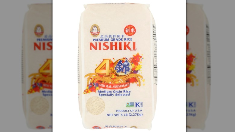 A 5-pound bag of Nishiki Medium Grain Rice on white background