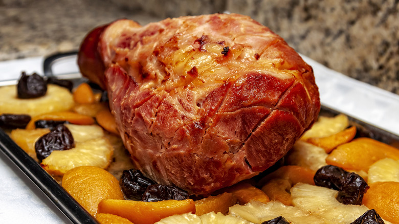 Ham on sheet pan with fruit