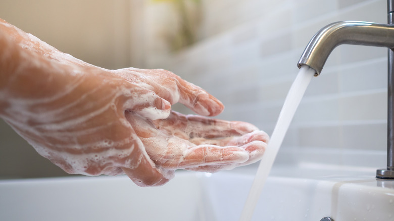 person washing hands in sink