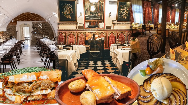 Photo collage of the oldest restaurants on earth with three dishes in the foreground