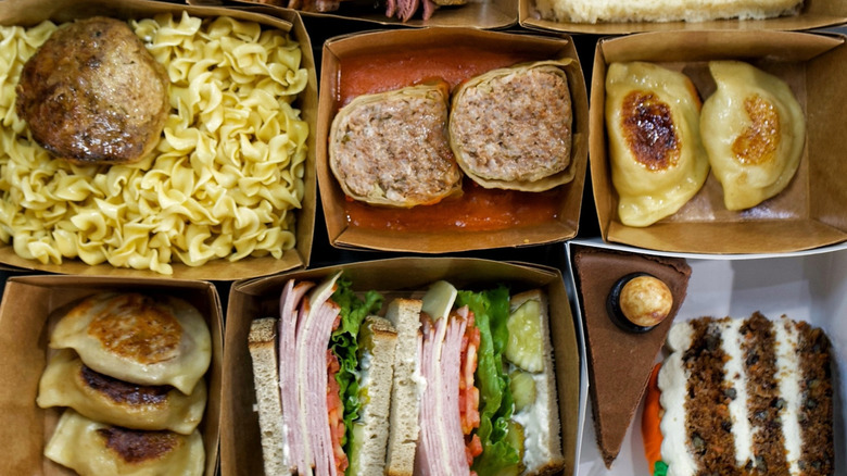 Takeaway cardboard boxes filled with Ukrainian foods
