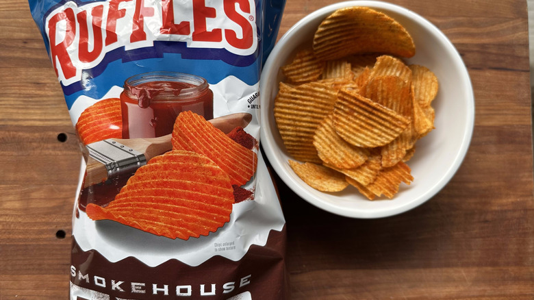 Ruffles Smokehouse Barbecue chips bag and in bowl
