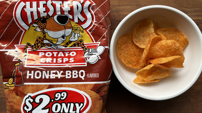 Chester's Potato Crisps Honey BBQ chips bag and in bowl