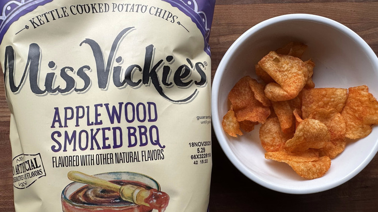 Miss Vickie's Applewood Smoked BBQ chips bag and in bowl