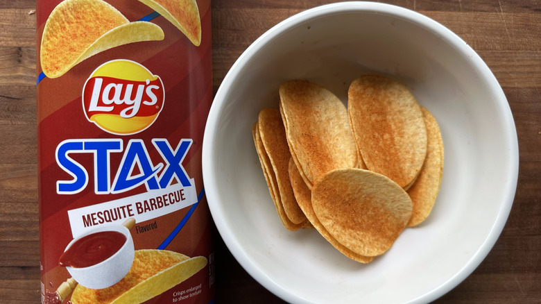 Lays Stax Mesquite Barbecue Potato Chips bag and in bowl