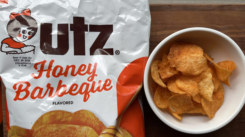 Utz Honey Barbeque chips bag and in bowl
