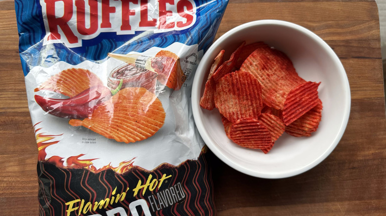 Ruffles Flamin' Hot BBQ chips bag and in bowl