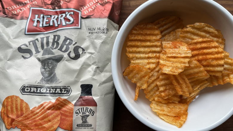 Herr's Stubb's Original Bar-B-Q chips bag and in bowl