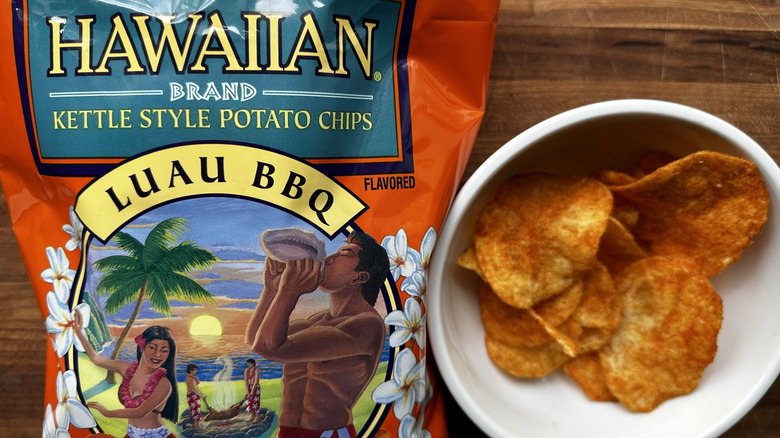Hawaiian Kettle Style Luau BBQ chips bag and in bowl