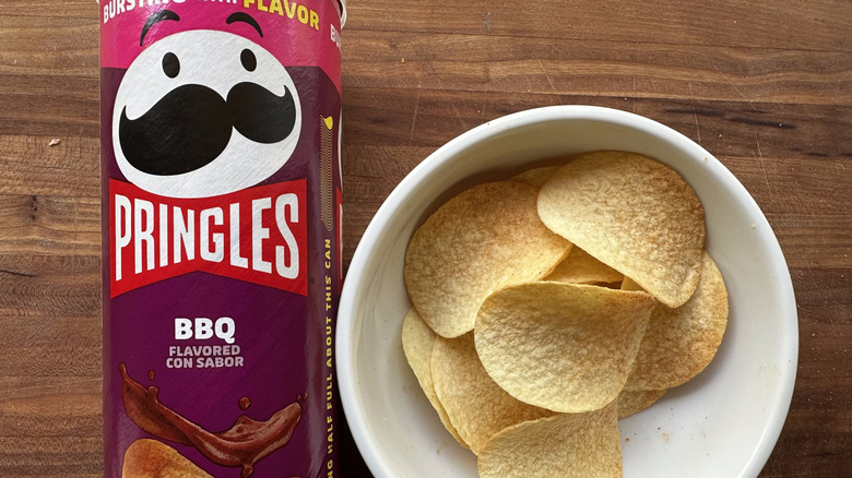 Pringles BBQ chips bag and in bowl