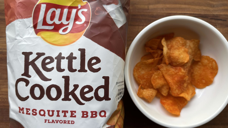Lay's Kettle Cooked Mesquite BBQ chips bag and in bowl