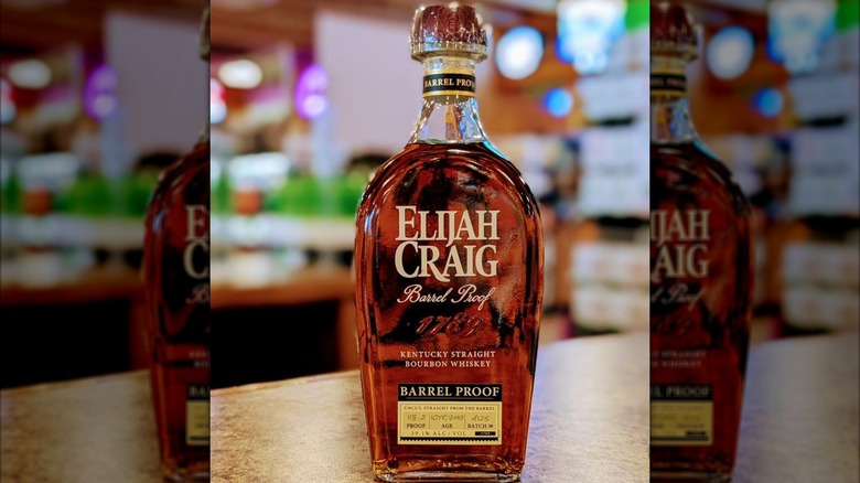 Elijah Craig Barrel Proof bottle on a counter blurred background