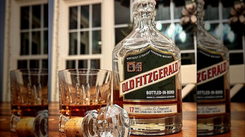 Bottle of 17-year-old Old Fitzgerald with glass