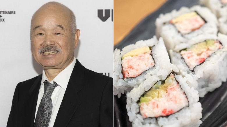 Hidekazu Tojo posing at a film premiere, side by side with a plated California roll