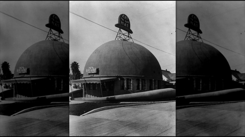 Black and white photo of the Brown derby Restaurant, Hollywood, California, mirrored