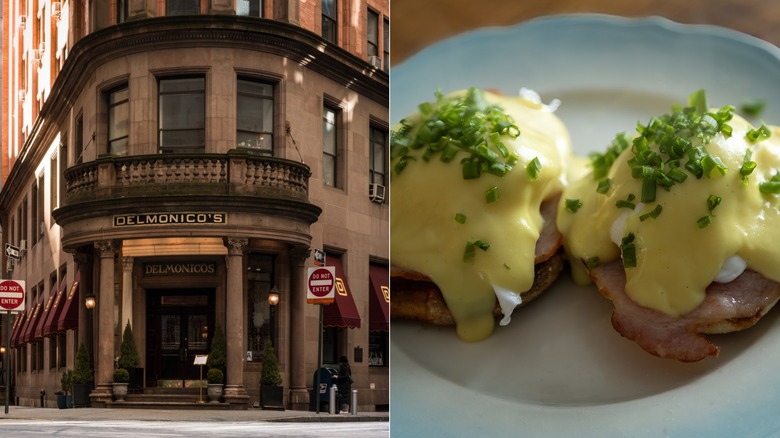 Delmonico's restaurant side-by-side with a plate of eggs benedict