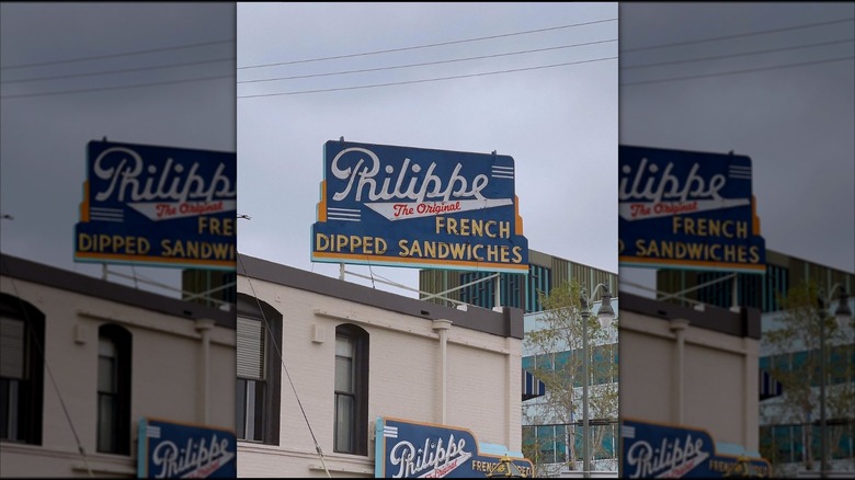 Exterior of Phillipe The Original restaurant in Los Angeles, California, mirrored