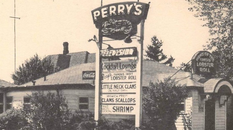 Black and white photo, exterior of Perry's in Milford, Connecticut