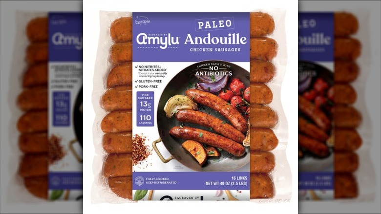 A package of Amylu Paleo Andouille Chicken Sausages on a white background.