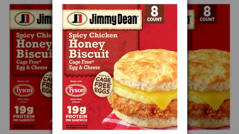 A package of Jimmy Dean Spicy Chicken Honey Biscuits on a white background.