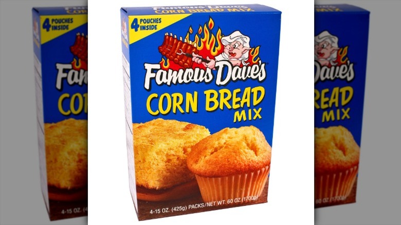 A box of Famous Dave's Corn Bread Mix on a white background.