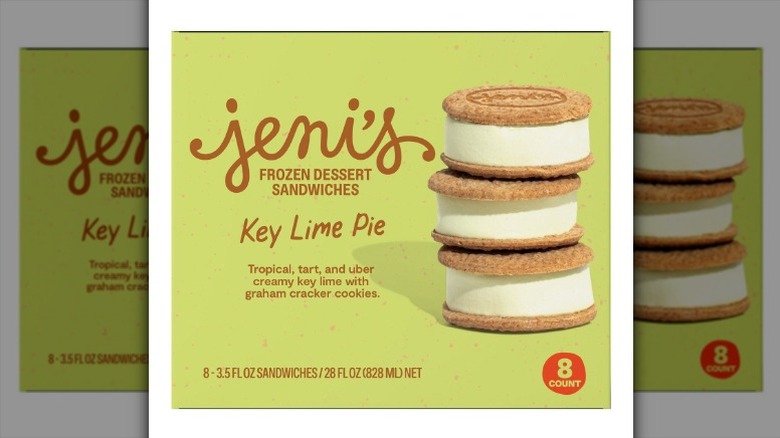 A package of Jeni's Key Lime Pie Frozen Dessert Sandwiches on a white background.