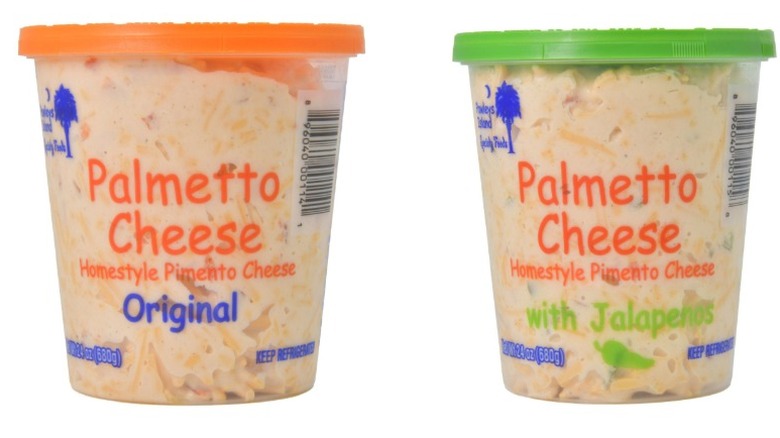 Two tubs of Pawleys Island Palmetto Cheese, original and jalapeño on a white background.