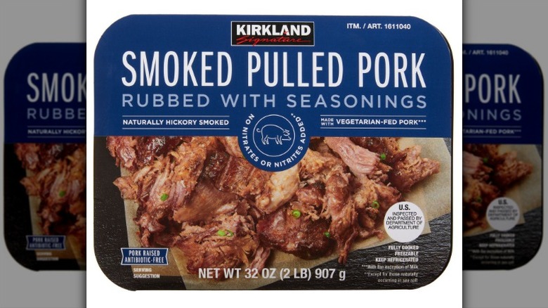 A package of Kirkland Signature Smoked Pulled Pork on a white background.