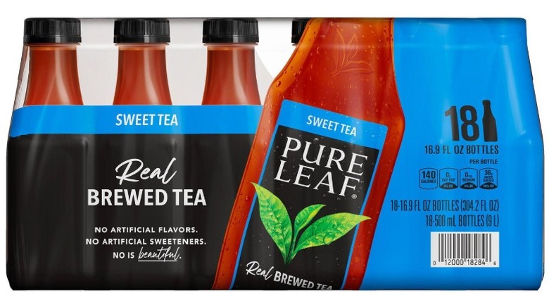 A package of shrink-wrapped plastic bottles of Pure Leaf Sweet Tea on a white background.