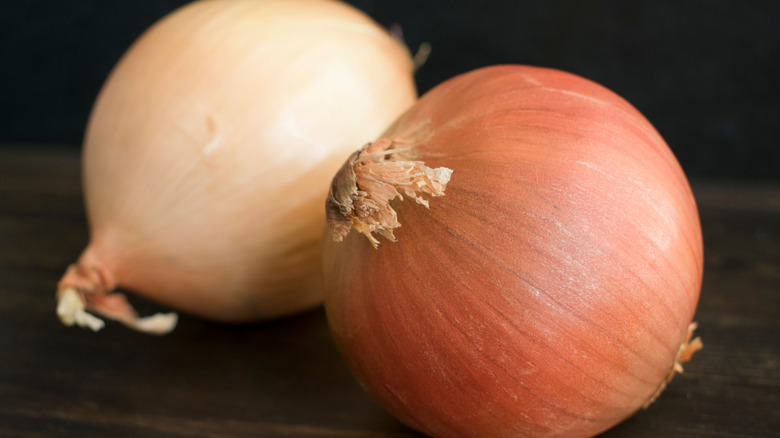 Closeup of two Vidalia sweet onions on a dark surface.