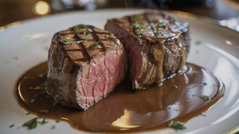 Plate of Steak Diane set on a tabletop