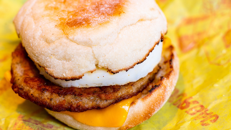 A fresh sausage McMuffin with egg.