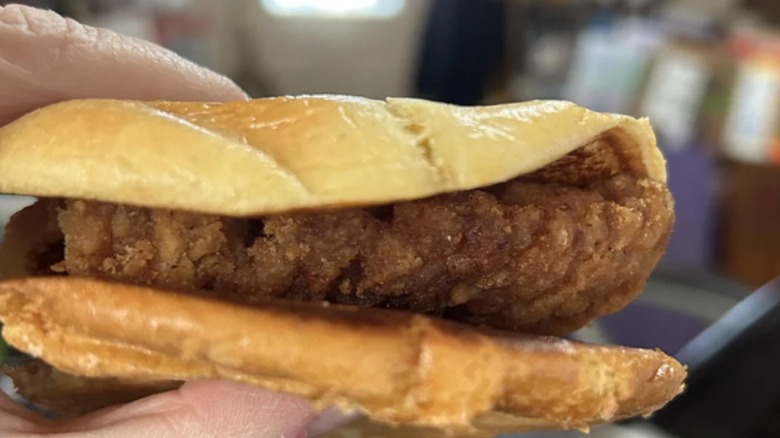 A hand holding a McDonald's McCrispy sandwich.