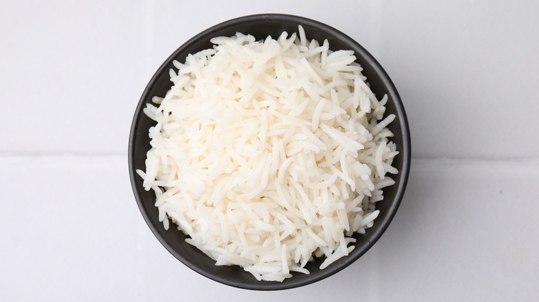 white rice in black bowl