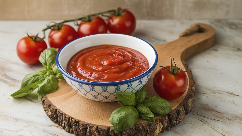 tomato sauce bowl by fresh tomatoes and basil on wooden cutting board