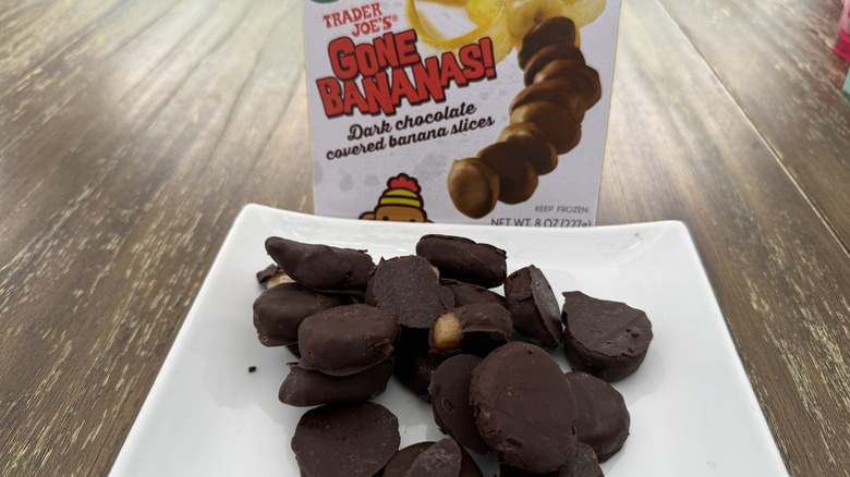 Trader Joe's Gone Bananas package and some on a square, white plate on wooden table