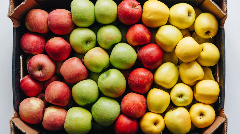 A colorful mix of green, red, and yellow apples in a cardboard box