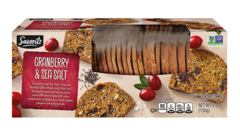 Box of Savoritz cranberry sea salt crackers for Aldi