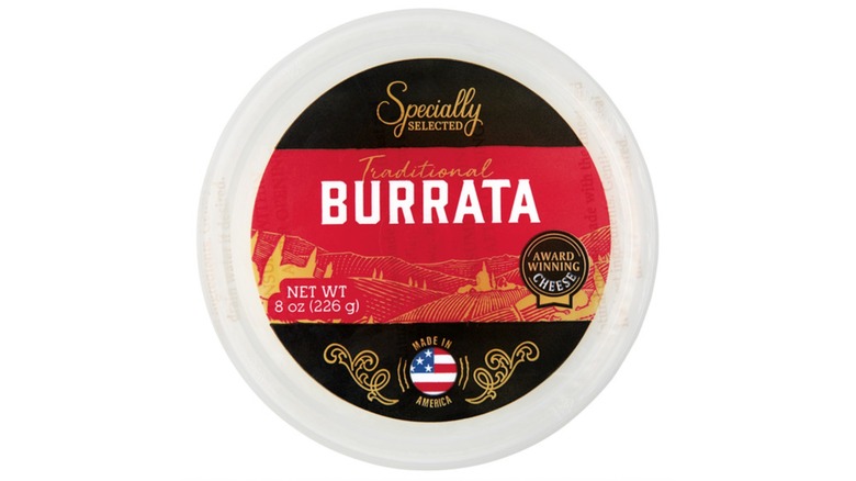 Top view of a plastic tub of Specially Selected Burrata from Aldi
