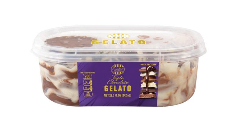 A plastic container Sundae Shoppe triple chocolate gelato from Aldi