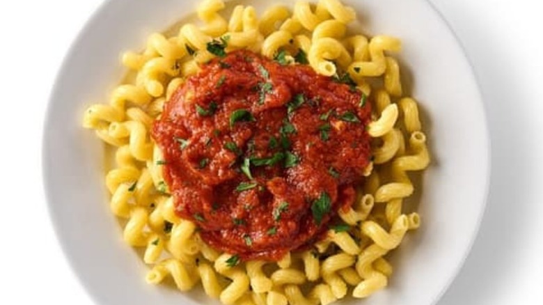 Ikea restaurant cavatappi and marinara on a white plate
