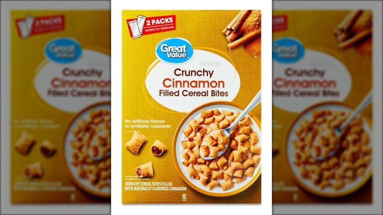 Box of Great Value Crunchy Cinnamon Filled Cereal Bites