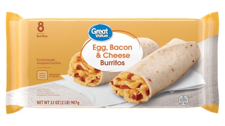 Package of Great Value Frozen Bacon Egg and Cheese Breakfast Burritos