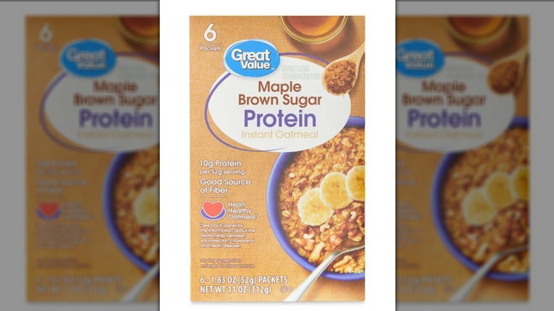 Small box of Great Value Maple & Brown Sugar Protein Instant Oatmeal
