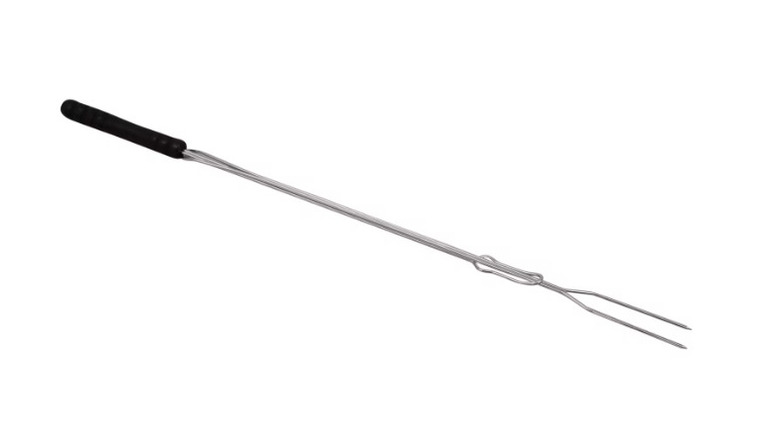 A steel and black plastic barbecue fork with two prongs on a white background.