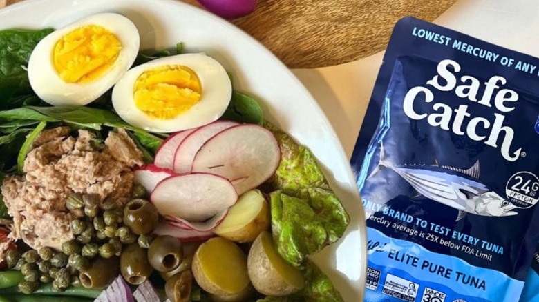 salade niçoise next to a pouch of Safe Catch tuna