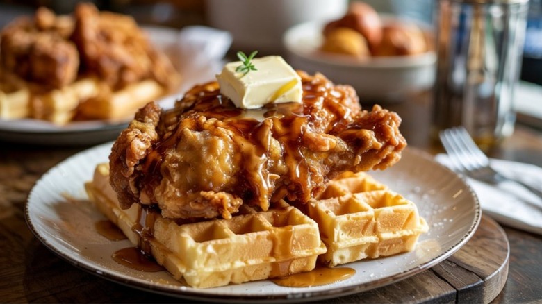 A plate with fried chicken and waffles with butter and syrup